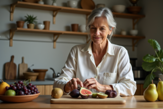 Femme en cuisine coupant une figue fraîche avec un arrangement de fruits