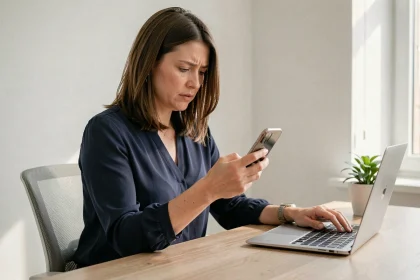 Femme consultant son smartphone pour identifier un numéro inconnu 03 77 et protéger ses données personnelles