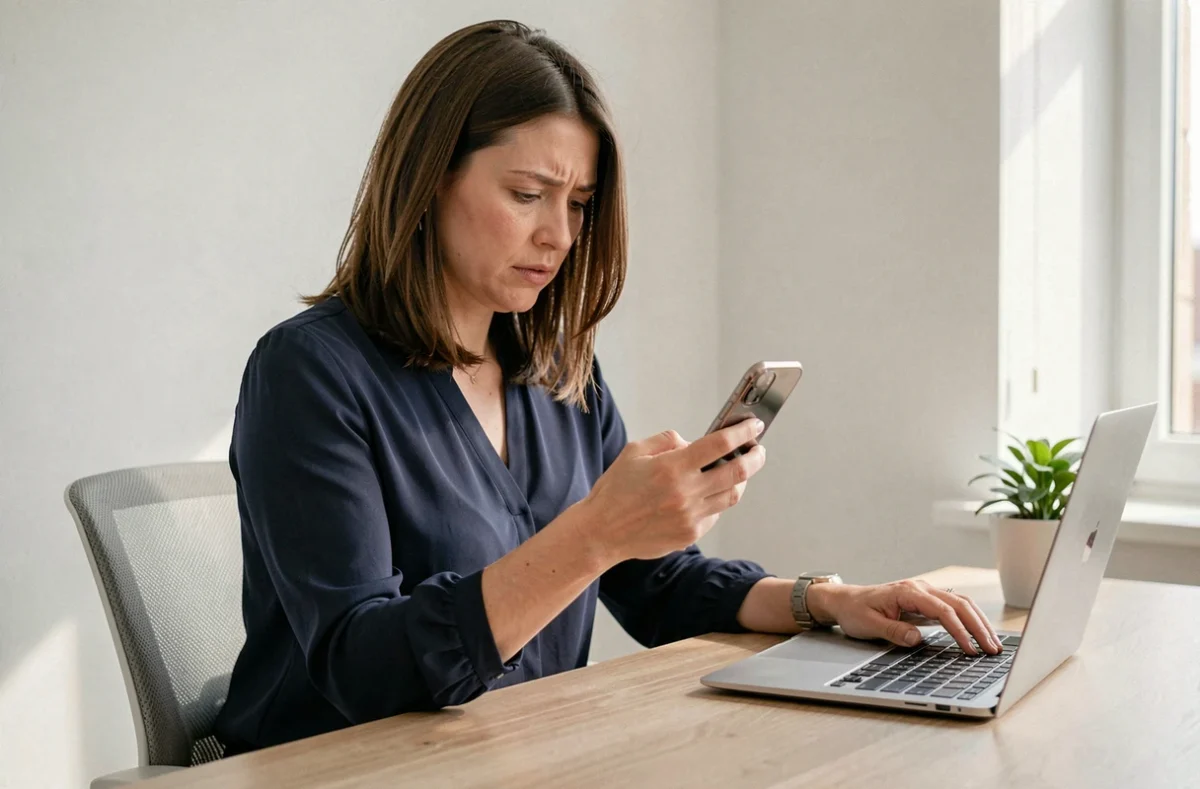 Femme consultant son smartphone pour identifier un numéro inconnu 03 77 et protéger ses données personnelles