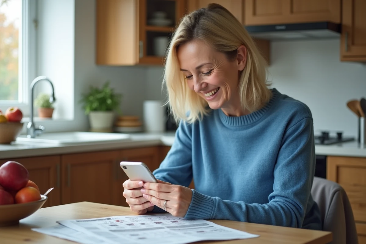 Femme souriante vérifiant ses résultats Keno sur smartphone à la maison