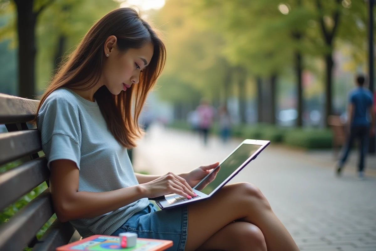 Jeune femme dans un parc jouant à Monopoly sur sa tablette