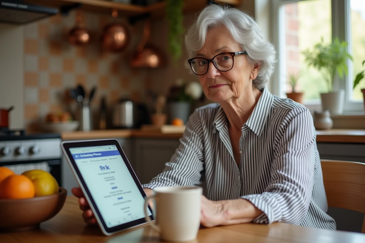 Femme mature utilisant une tablette pour effectuer une recherche d'annuaire inversé à la maison