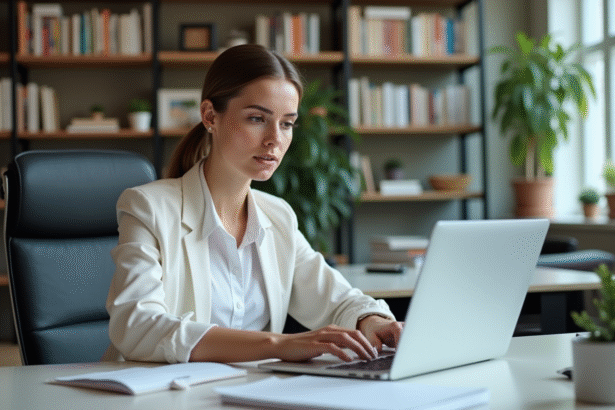 Femme professionnelle au bureau utilisant un ordinateur