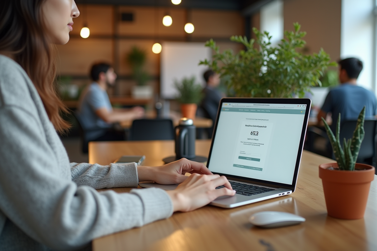 Jeune femme cliquant sur un test de clics dans un espace de coworking