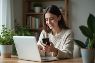 Jeune femme travaillant sur son ordinateur à la maison
