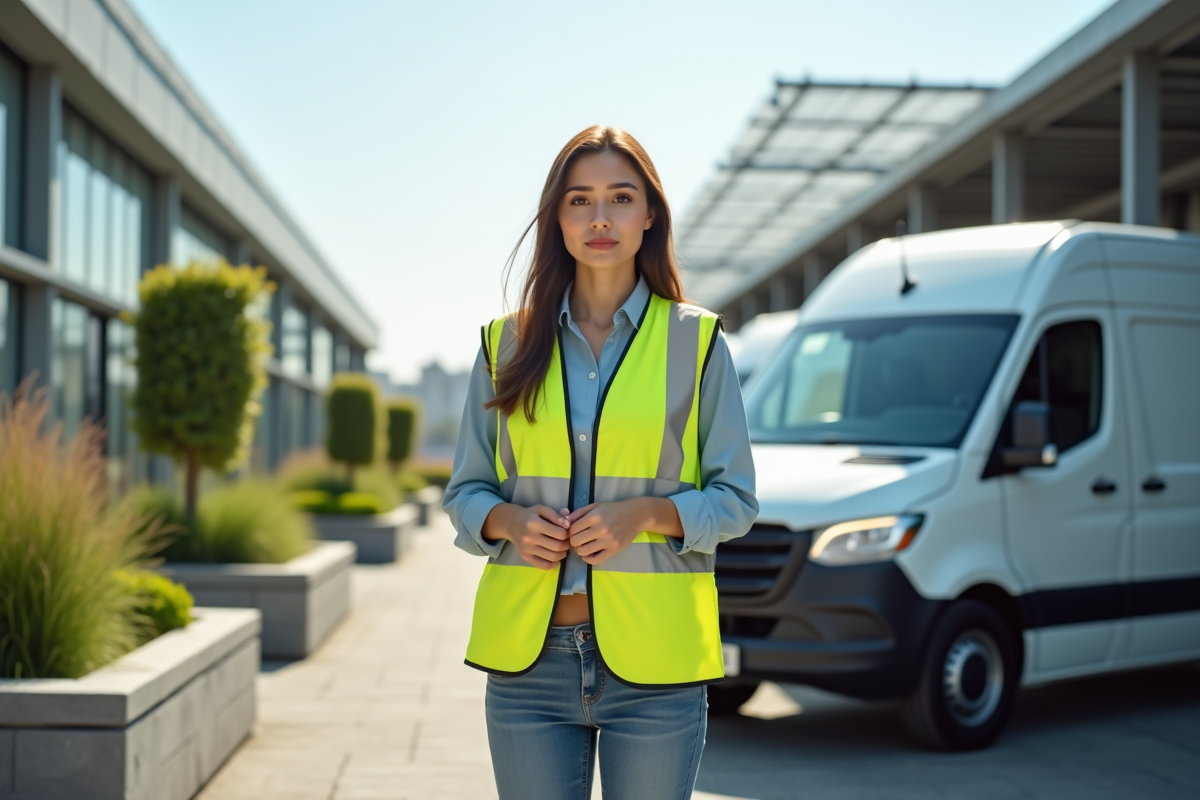Jeune femme avec gilet de sécurité près de véhicules électriques