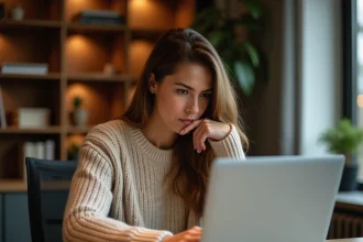 Femme scrutant son écran d'ordinateur portable avec méfiance lors du Cyber Monday pour éviter les arnaques en ligne