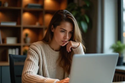 Femme scrutant son écran d'ordinateur portable avec méfiance lors du Cyber Monday pour éviter les arnaques en ligne
