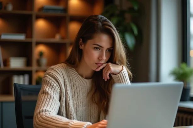 Femme scrutant son écran d'ordinateur portable avec méfiance lors du Cyber Monday pour éviter les arnaques en ligne