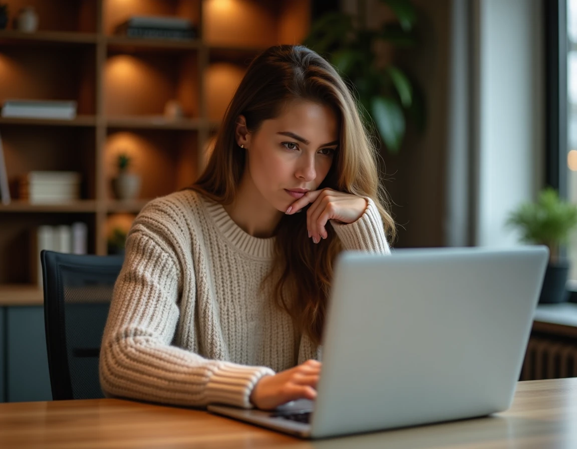 Femme scrutant son écran d'ordinateur portable avec méfiance lors du Cyber Monday pour éviter les arnaques en ligne