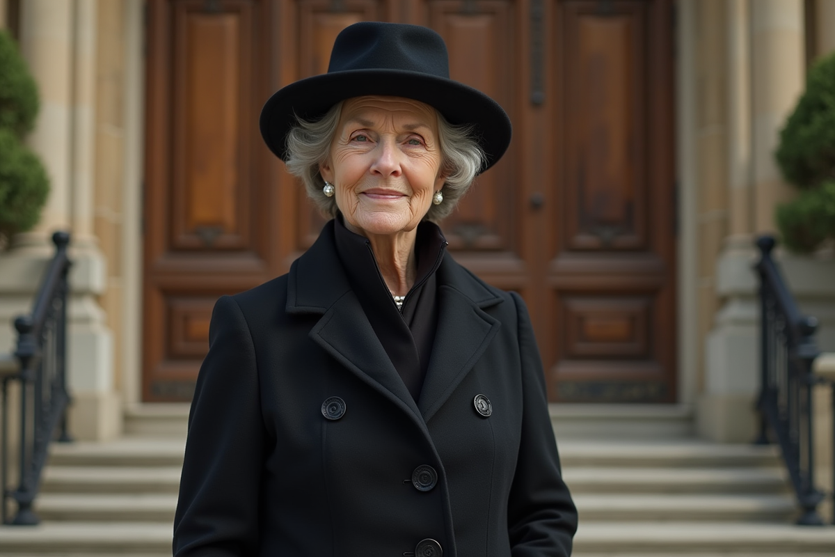 Femme mature en manteau noir devant une bibliothèque ancienne