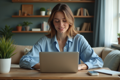 Femme en visioconference dans un salon cosy