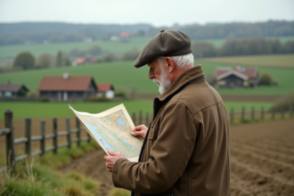 Vieux fermier français examinant une carte de ses terres à la campagne