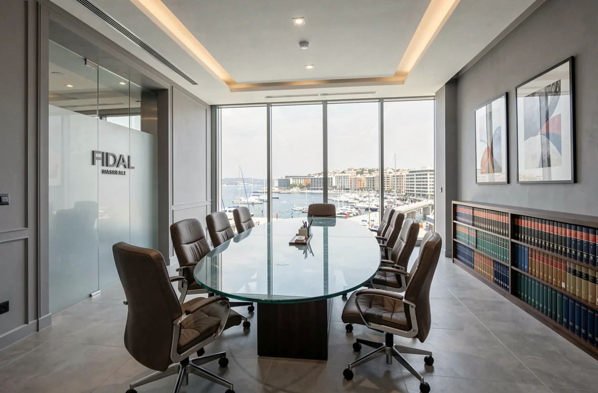 Salle de réunion du cabinet FIDAL Marseille avec vue sur le port, espace juridique moderne et professionnel