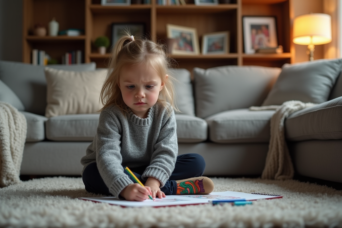 Fille dessinant dans un salon familial