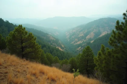 Forêt dense de Ben Haroun avec pins d'Alep et chênes-lièges sur les collines de la région de Mila en Algérie