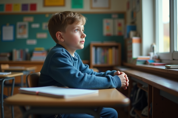 Garçon pensif assis à son bureau en classe