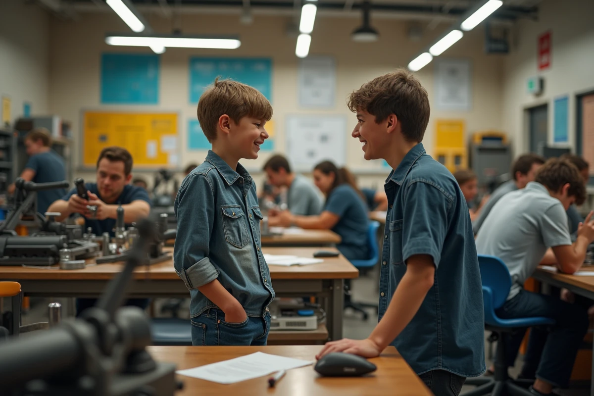 Adolescent en chemise discutant avec un instructeur dans un atelier technique