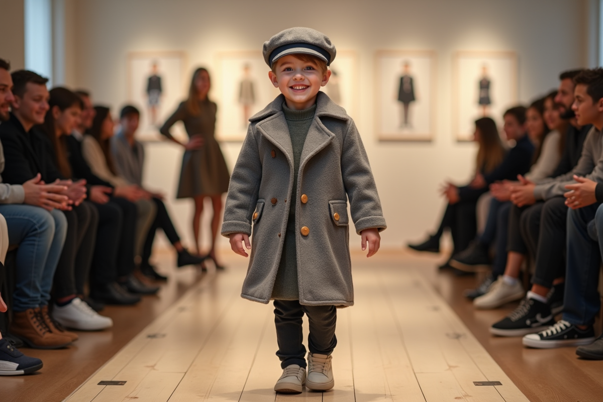 Garçon confiant défilant avec manteau dans une boutique