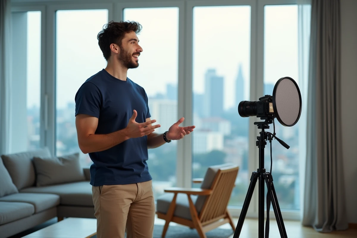 GMK en train de filmer une vidéo YouTube dans son appartement moderne, vue coulisses du tournage