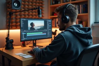 Youtubeur GMK dans son studio maison en 2026, assis devant ses écrans de montage vidéo avec micro professionnel