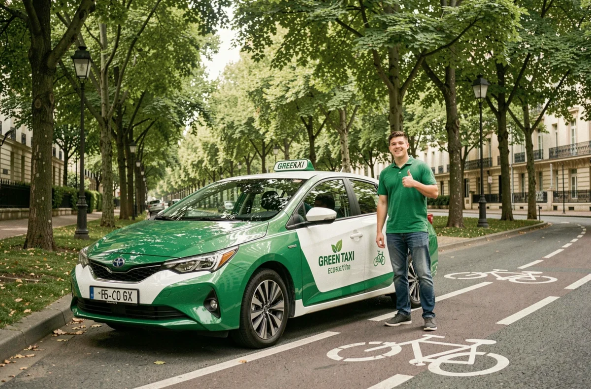 Véhicule écologique Green Taxi garé sur une avenue arborée française avec un chauffeur en polo vert