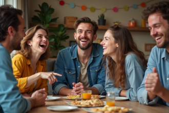 Jeunes adultes riant lors d'un jeu festif en intérieur