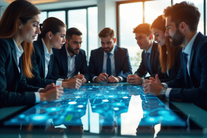 Groupe de personnes en réunion avec tablette blockchain moderne