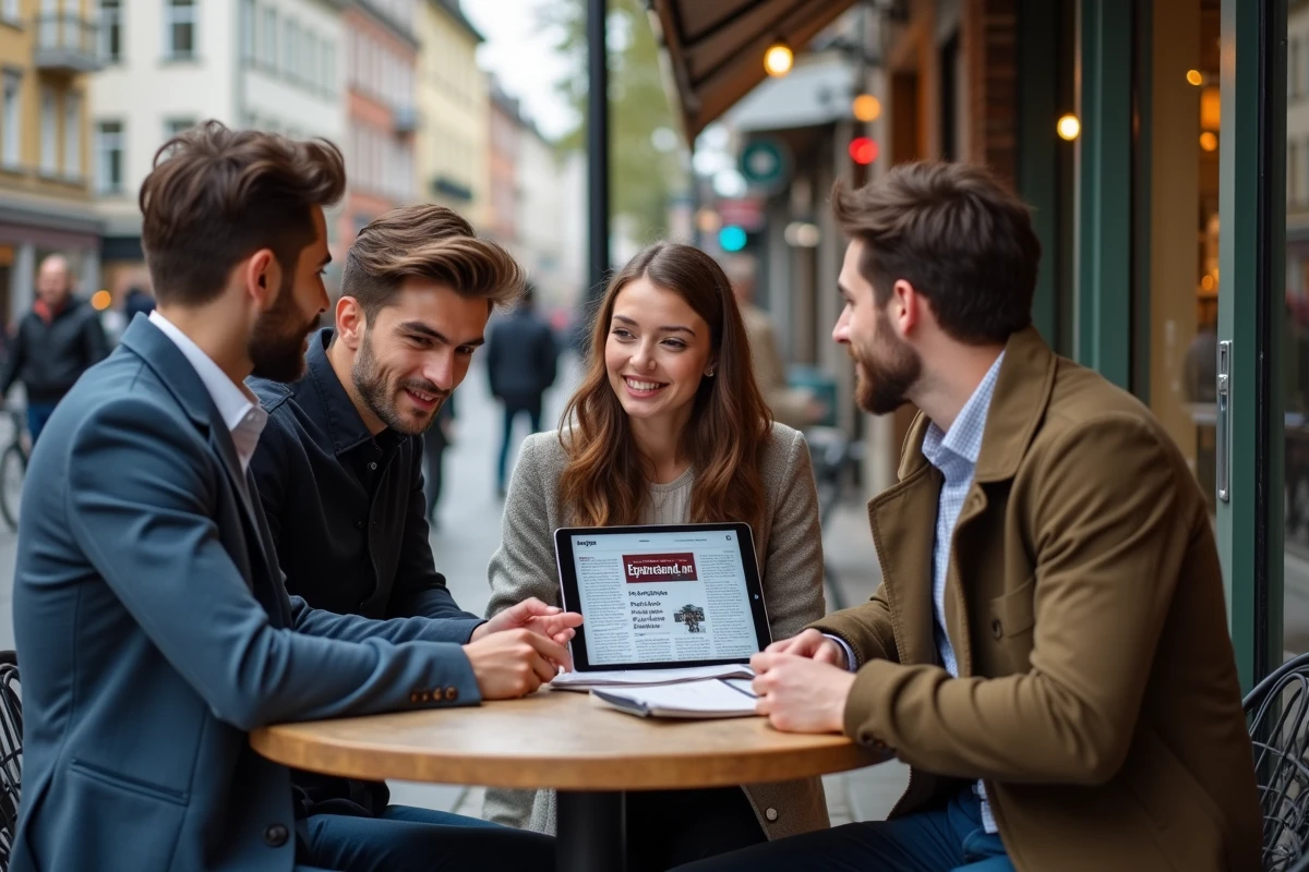 Groupe de jeunes discutant autour d un café en ville