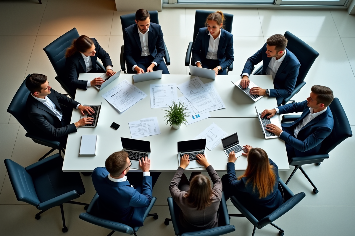 Groupe d interns divers en réunion autour d une table moderne