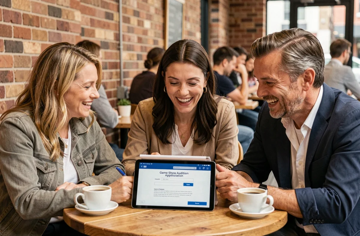 Groupe d'amis consultant des conseils d'inscription pour La Roue de la Fortune sur une tablette dans un café