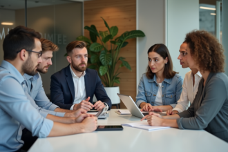 Groupe de professionnels en réunion autour d'une table moderne