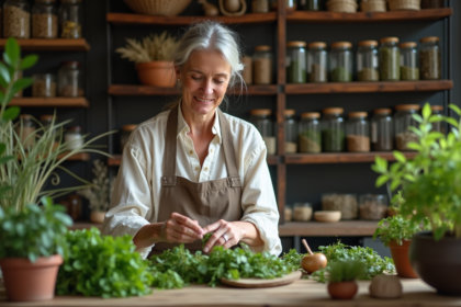 Herboriste femme examine plantes médicinales dans une apotheque