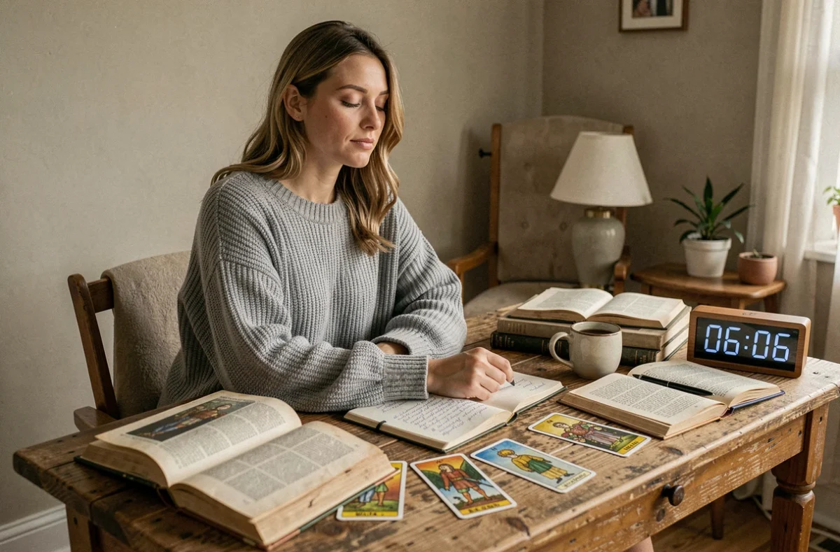 Jeune femme en contemplation spirituelle à son bureau avec une horloge affichant 06h06, entourée de livres et de carnets sur la mission de vie