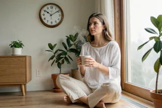 Femme méditant le matin à 6h06 devant une horloge analogique, réfléchissant à la signification de l'heure miroir pour sa mission de vie