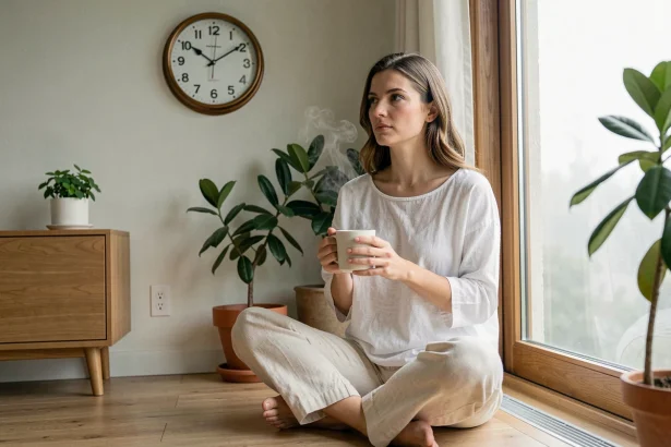 Femme méditant le matin à 6h06 devant une horloge analogique, réfléchissant à la signification de l'heure miroir pour sa mission de vie