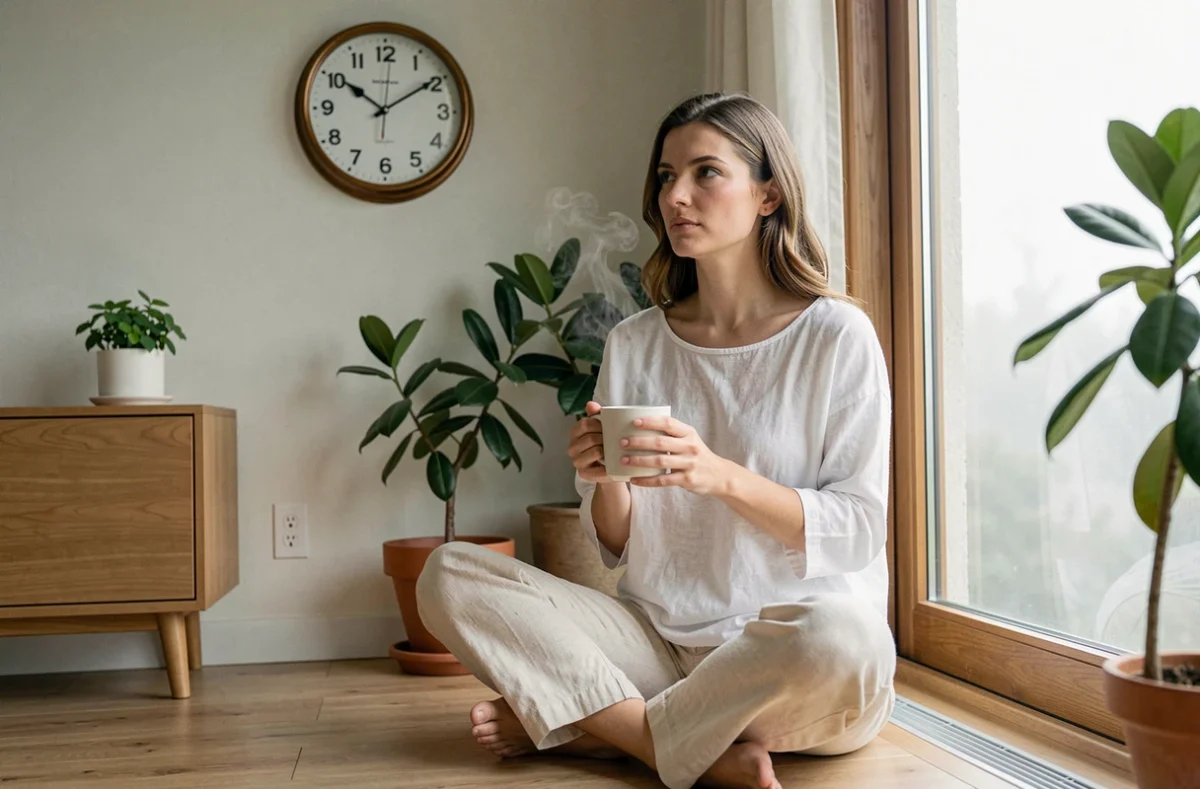 Femme méditant le matin à 6h06 devant une horloge analogique, réfléchissant à la signification de l'heure miroir pour sa mission de vie