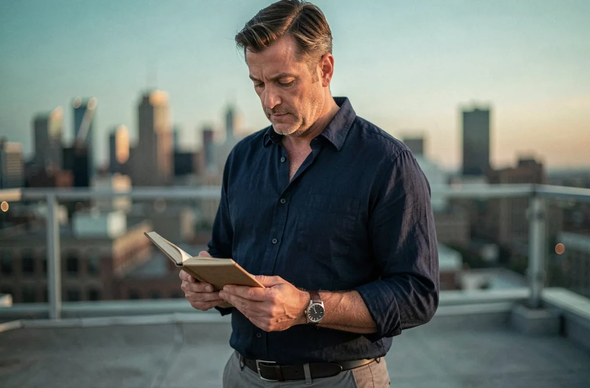 Homme sur un rooftop urbain consultant sa montre affichant 6h06 en écrivant dans un journal de développement personnel