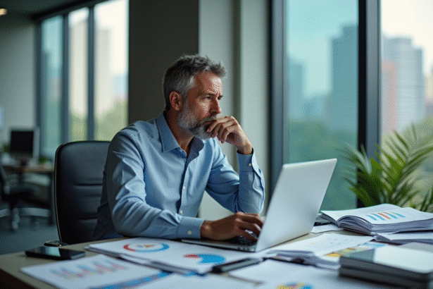 Homme d'affaires concentré analysant un graphique sur son ordinateur