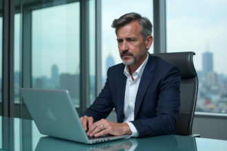 Homme d'affaires en costume navy dans un bureau moderne