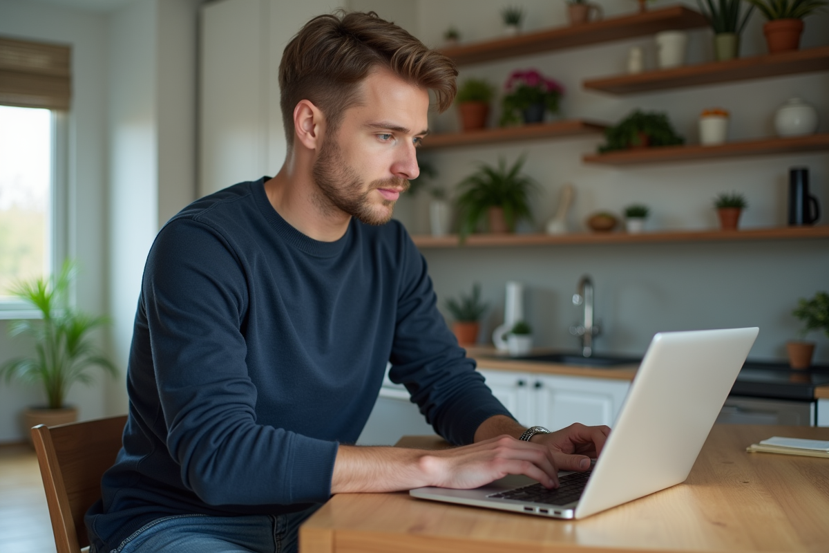 Homme en tenue décontractée travaillant sur un ordinateur portable dans un intérieur lumineux