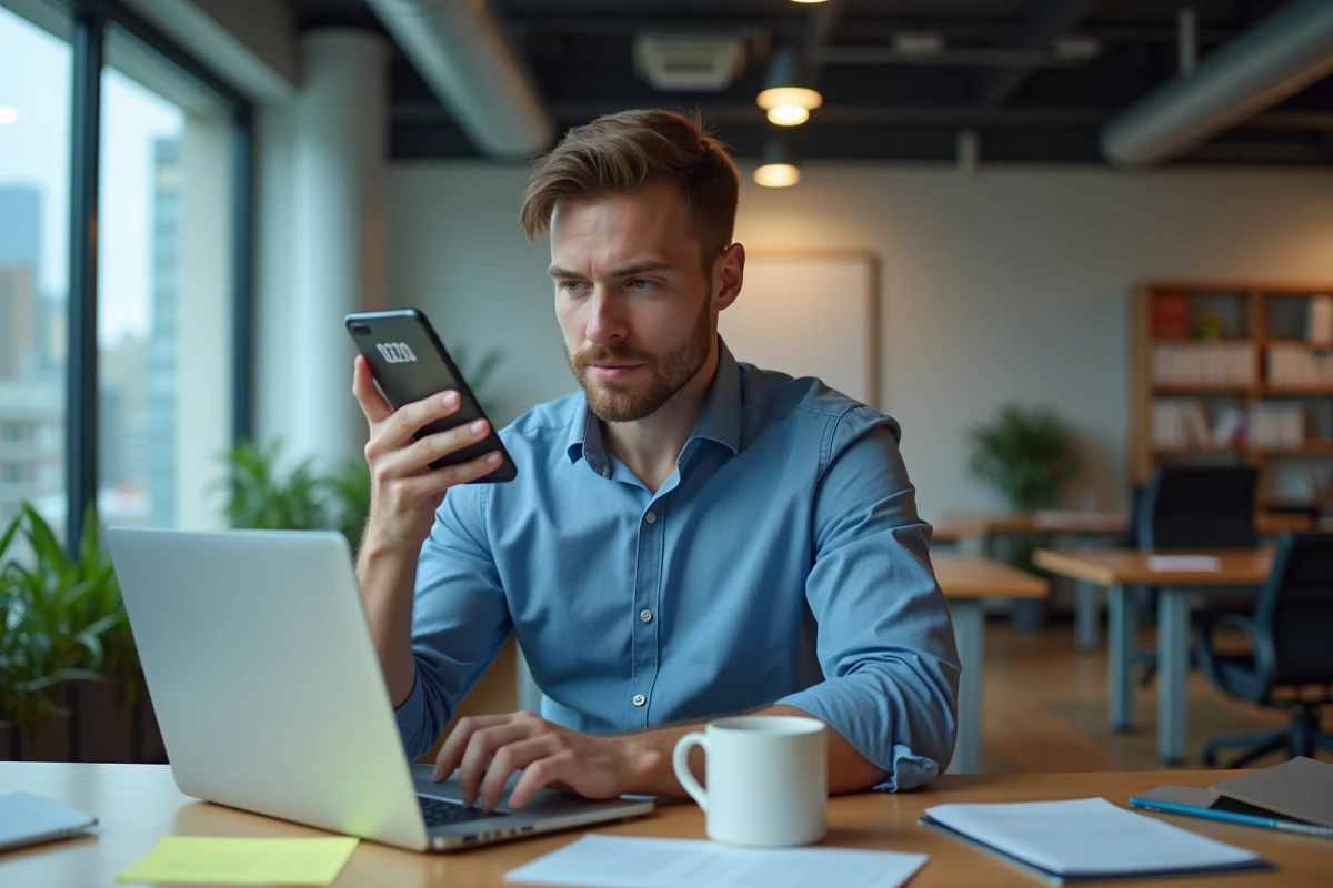 Homme au bureau analysant un appel entrant d'un indicatif téléphonique 0270 suspect