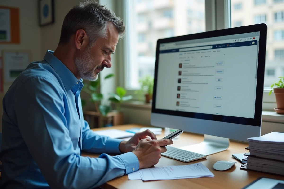 Homme d affaires tapant un message dans son bureau