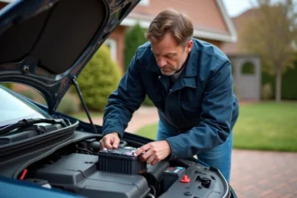 Homme moyen âge changeant une batterie de voiture dans une allée résidentielle