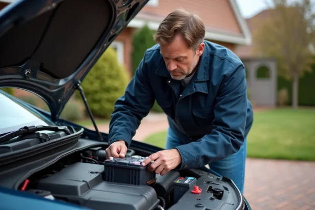 Homme moyen âge changeant une batterie de voiture dans une allée résidentielle