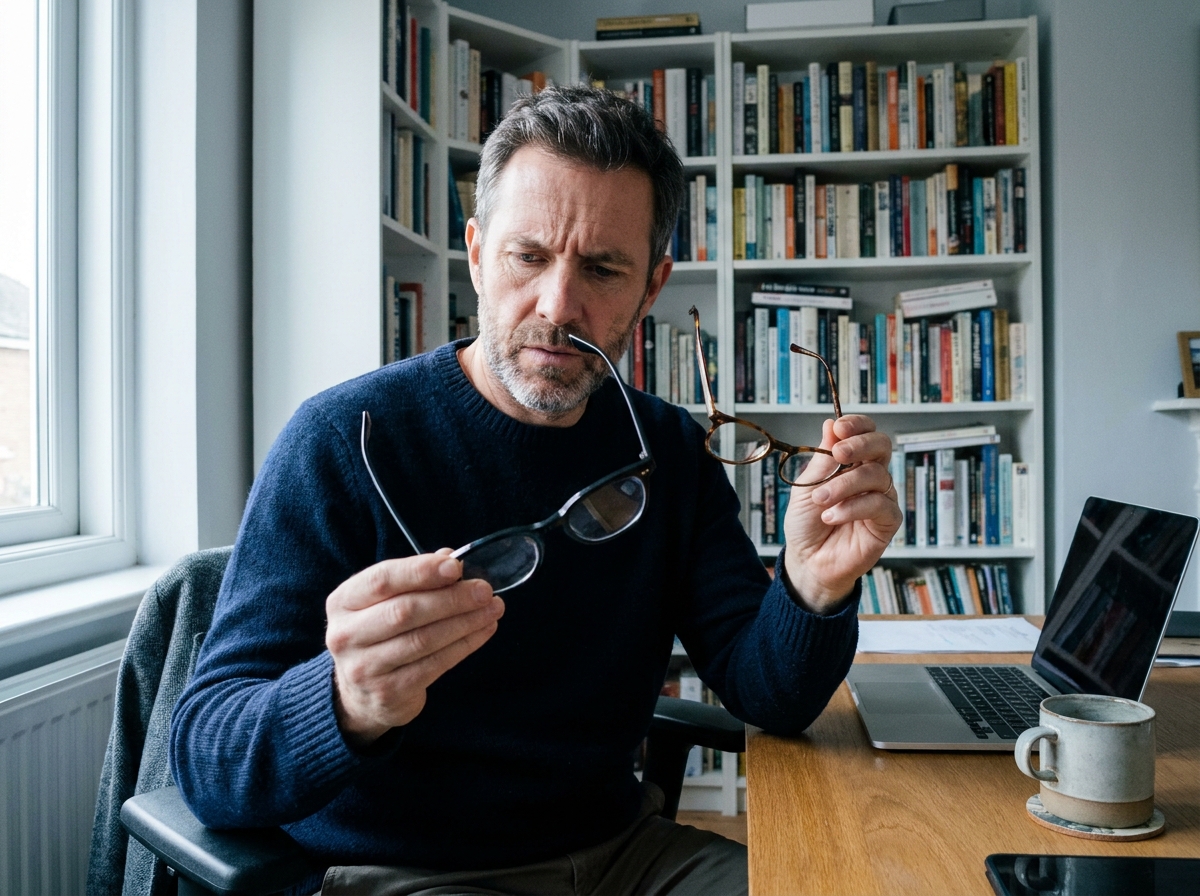 Un homme d'âge moyen compare deux paires de lunettes à son bureau à domicile
