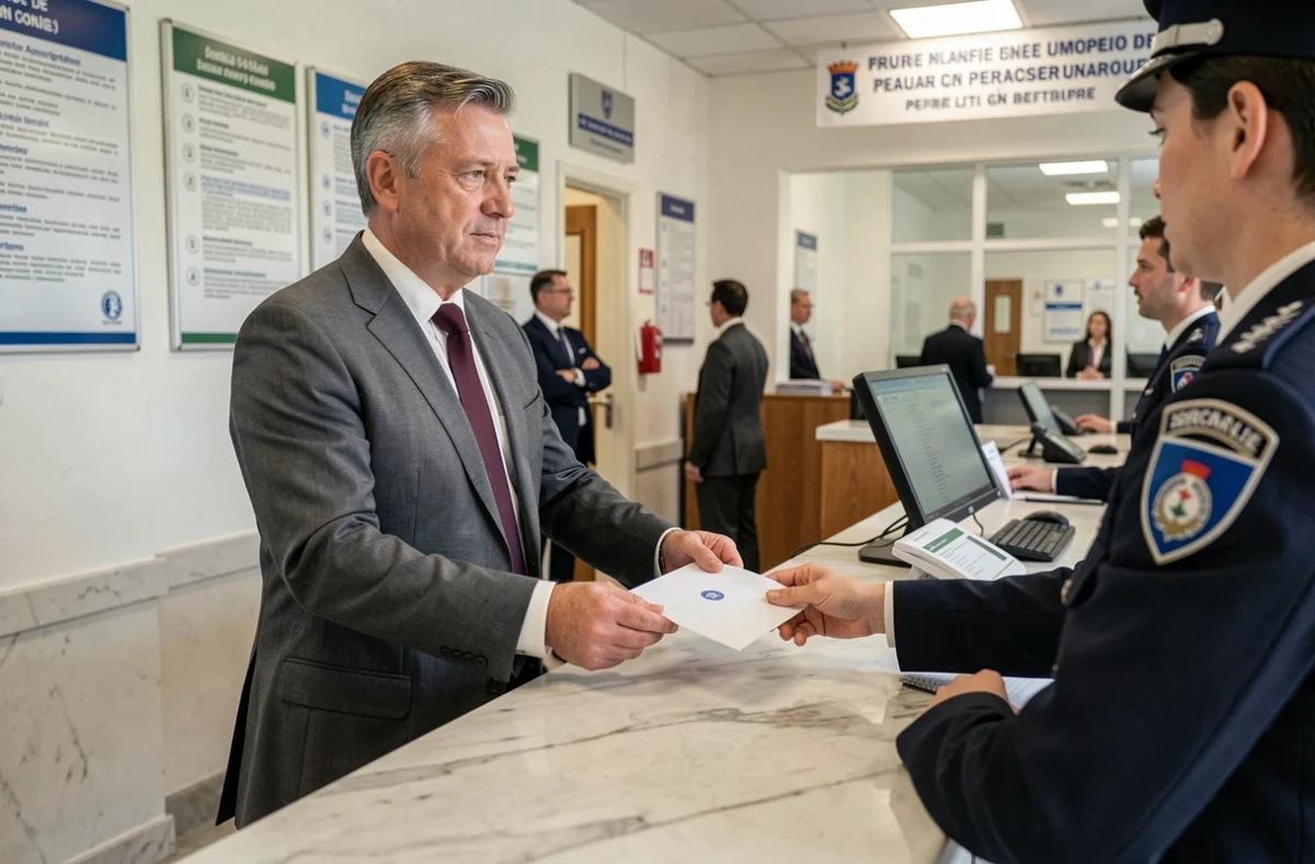 Homme en costume remettant une lettre officielle au guichet d'une préfecture française