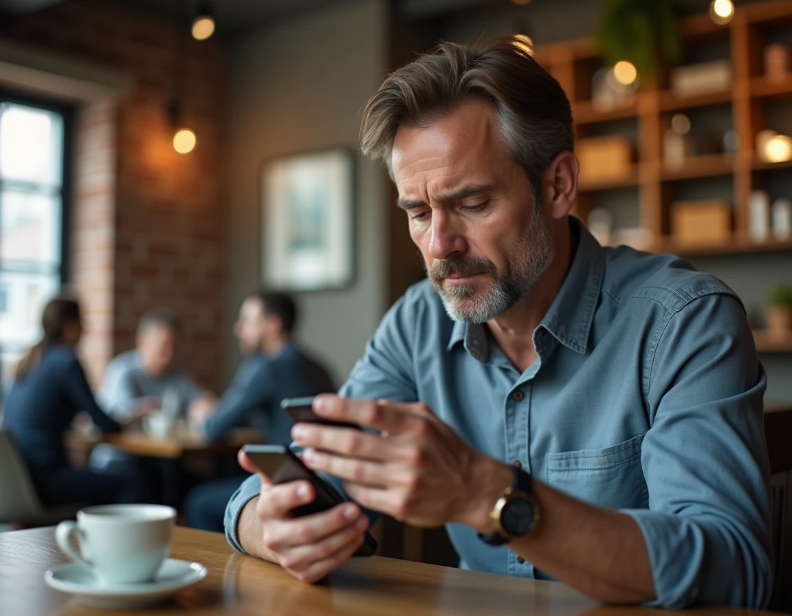 Homme en café vérifiant un email promotionnel douteux sur son smartphone pendant le Cyber Monday 2026