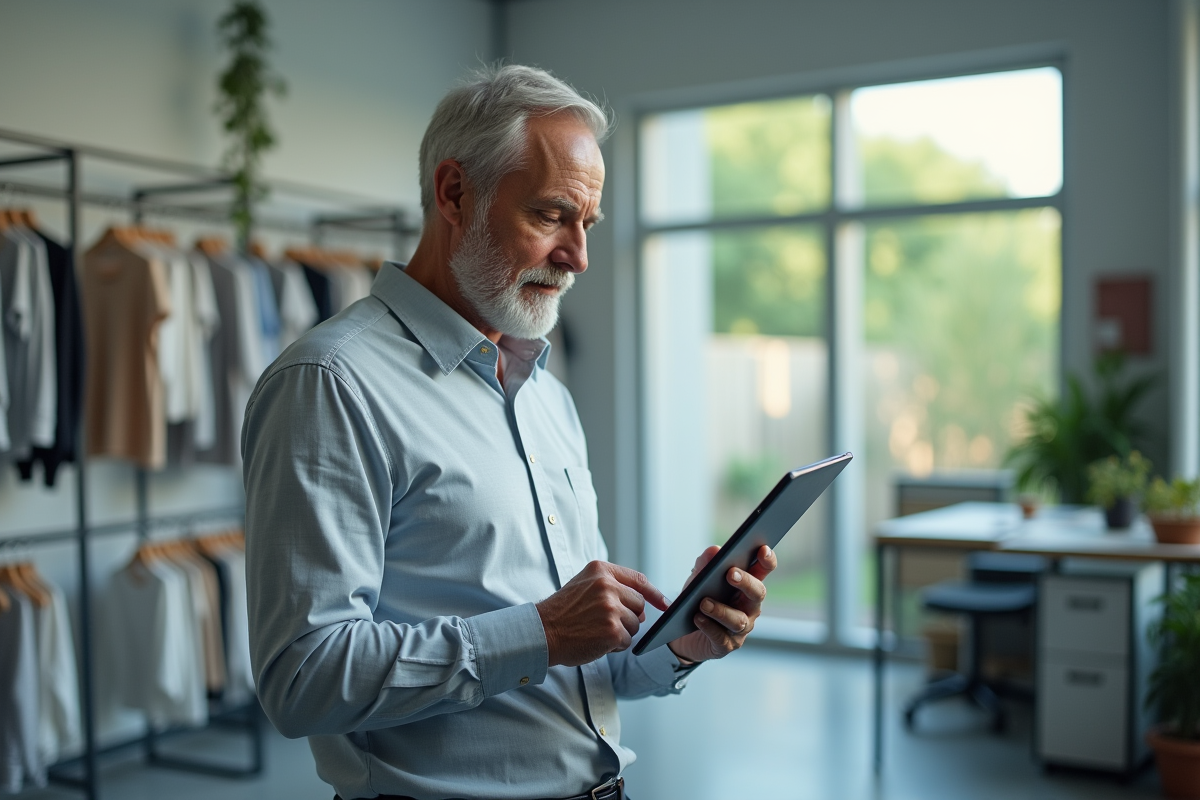 Homme examine un tissu innovant dans un laboratoire moderne