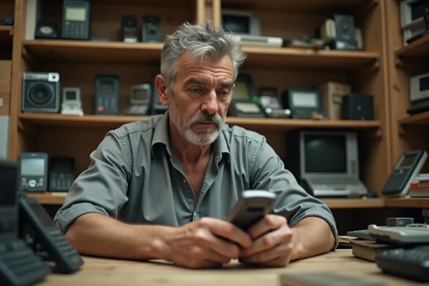 Un homme d'âge mûr examine attentivement un vieux téléphone Nokia dans une boutique de seconde main spécialisée en électronique vintage